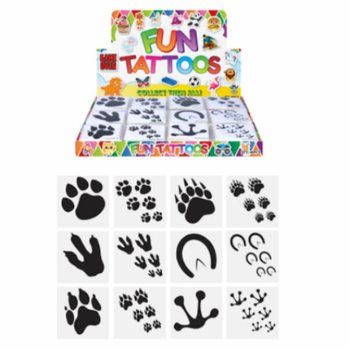 FUN TATTOO’S - MODEL: VOETSPOREN DIEREN, Elk pakjes 12x Tattoo’s IN DISPLAY (48st.)