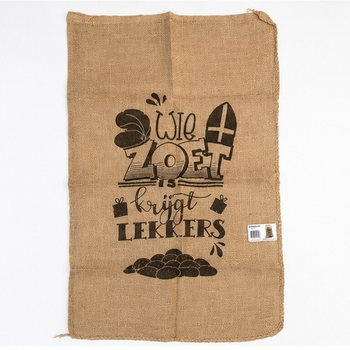 GROTE SINTERKLAAS JUTE ZAK - MET TEKST: WIE ZOET IS KRIJGT LEKKERS - Ca. 60 x 100 Cm. (1st.)
