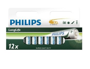 12x BATTERIJ "PHILIPS - SUPER HEAVY DUTY" AA - LONGLIFE (12st. op Blisterkaart)
