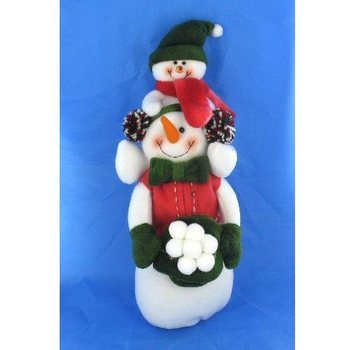 PLUCHE SNEEUWPOP MET SNEEUWBABY OP ZIJN SCHOUDERS 38 CM.