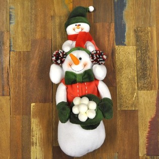 PLUCHE SNEEUWPOP MET SNEEUWBABY OP ZIJN SCHOUDERS 38 CM.