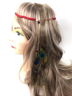 GEVLOCHTEN HAARBAND BORDEAUX MET PAUWENVEREN (1st)