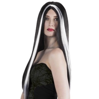 PRUIK - LANG ZWART HAAR MET WITTE HIGHLIGHTS (1st.)
